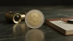 Moneta da 2 euro del Belgio datata 2006 posta in piedi su un tavolo vicino a un taccuino e un binocolo