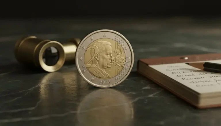 Moneta da 2 euro del Belgio datata 2006 posta in piedi su un tavolo vicino a un taccuino e un binocolo