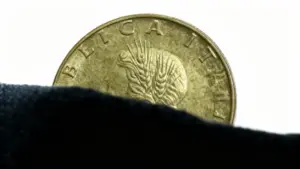 Dettaglio di una moneta da 20 lire con spiga di grano parzialmente coperta