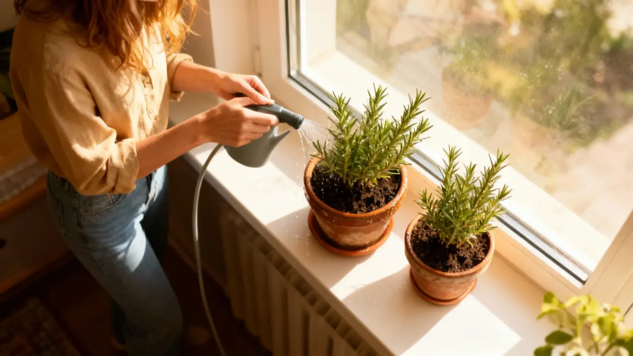 Persona che annaffia piante di rosmarino in vaso su un davanzale soleggiato.