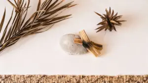 Due bastoncini di palo santo su una pietra liscia con elementi naturali decorativi