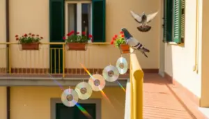 Piccione su un balcone con vecchi CD appesi a un filo per allontanare gli uccelli
