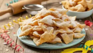 Piatto di chiacchiere fritte spolverate di zucchero a velo su un tavolo di legno