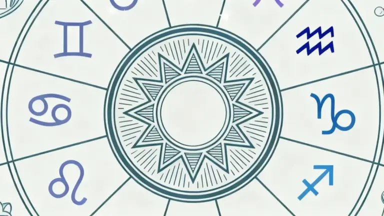 Illustrazione di simboli zodiacali disposti in cerchio intorno a un sole stilizzato