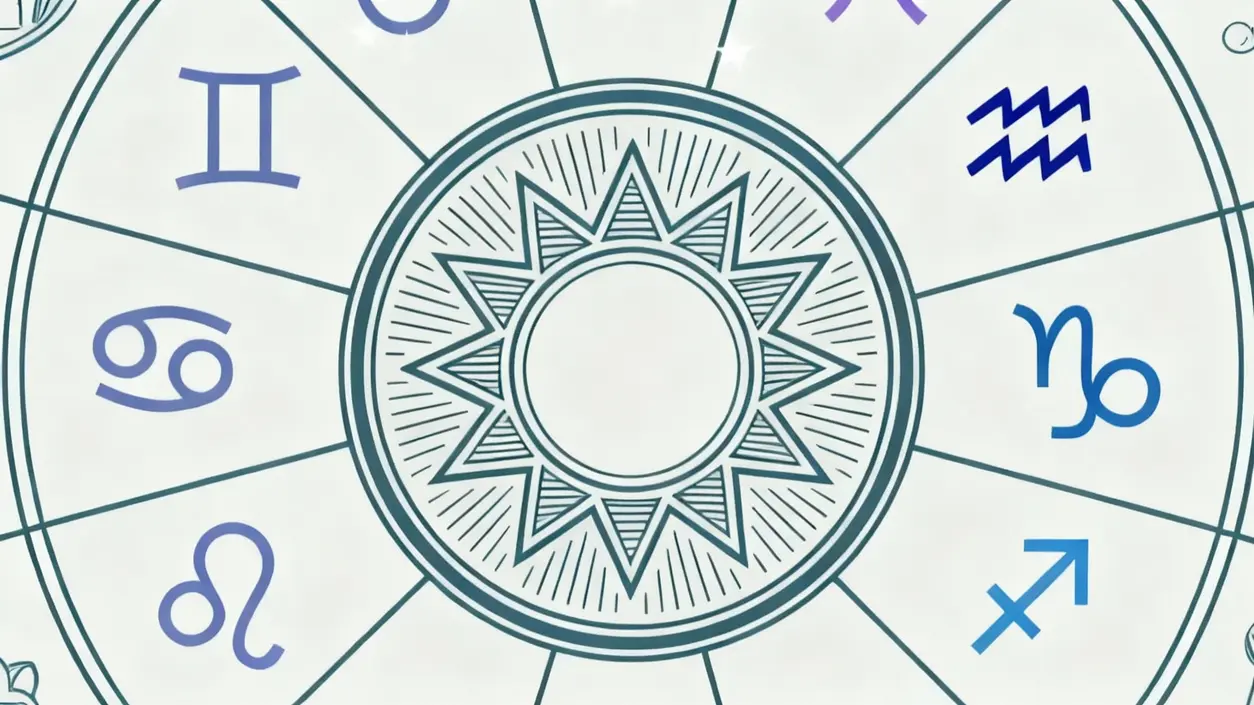 Illustrazione di simboli zodiacali disposti in cerchio intorno a un sole stilizzato