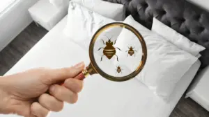 Mano che osserva acari su un materasso con una lente d'ingrandimento