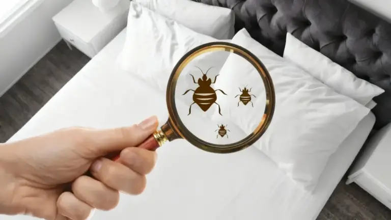 Mano che osserva acari su un materasso con una lente d'ingrandimento