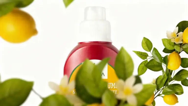 Flacone di concime rosso circondato da rami di limone con frutti e fiori