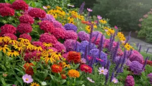 Colorato giardino con ortensie, zinnie, rudbeckie e altri fiori estivi
