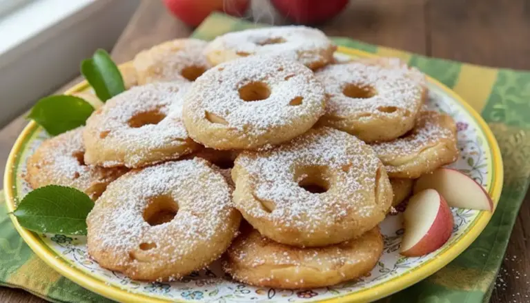 Frittelle di mele leggere al forno servite su un piatto decorato con zucchero a velo