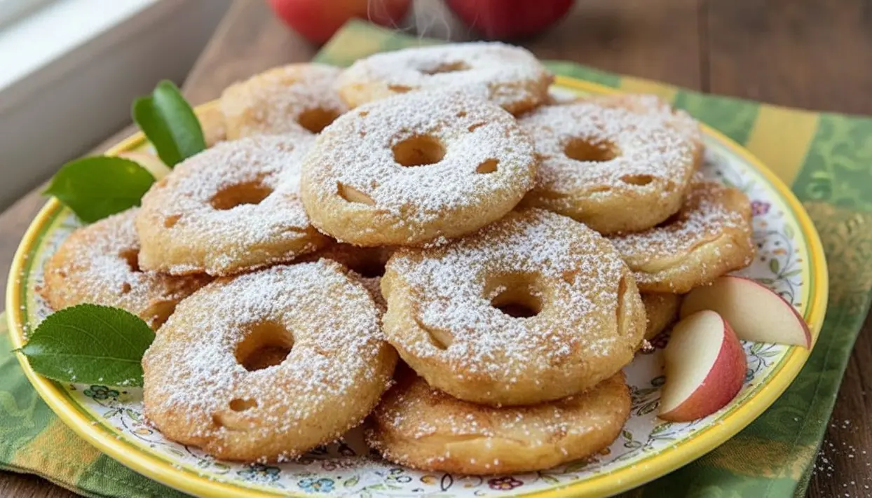 Frittelle di mele leggere al forno servite su un piatto decorato con zucchero a velo