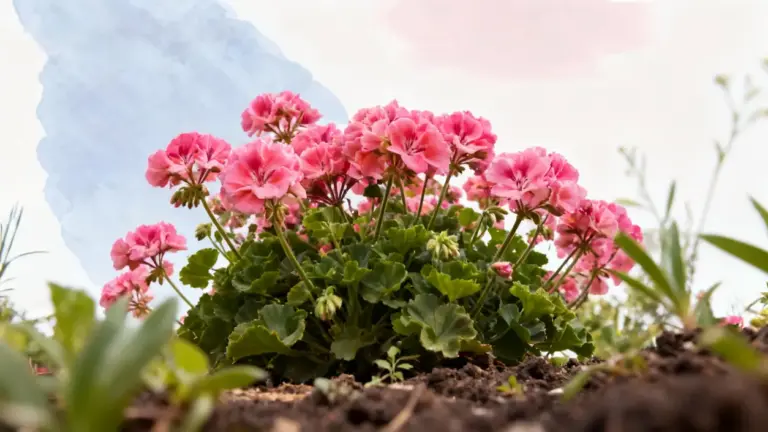 Pianta di gerani rosa in fiore ripresa dal basso in un giardino