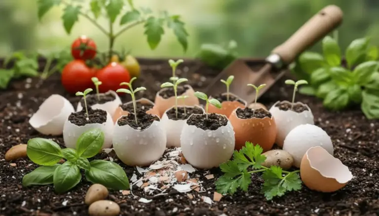 Gusci d’uovo riempiti di terra con piantine in crescita, usati come semenzai naturali in giardino.