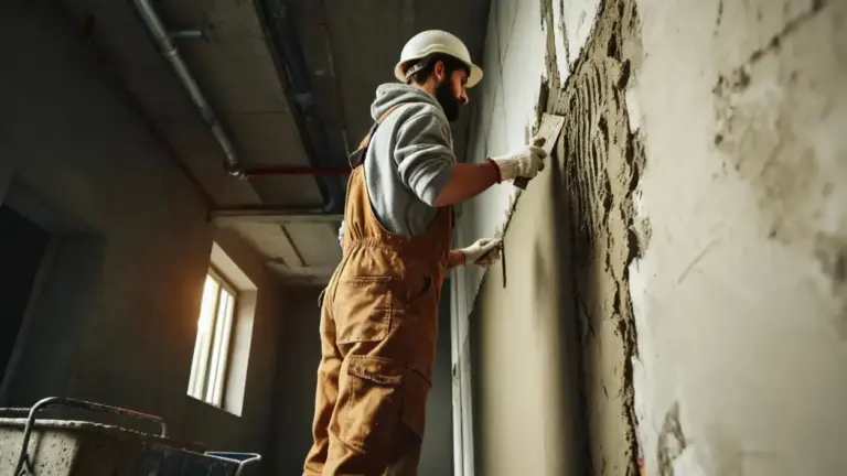 Operaio applica intonaco su una parete interna in un edificio in ristrutturazione