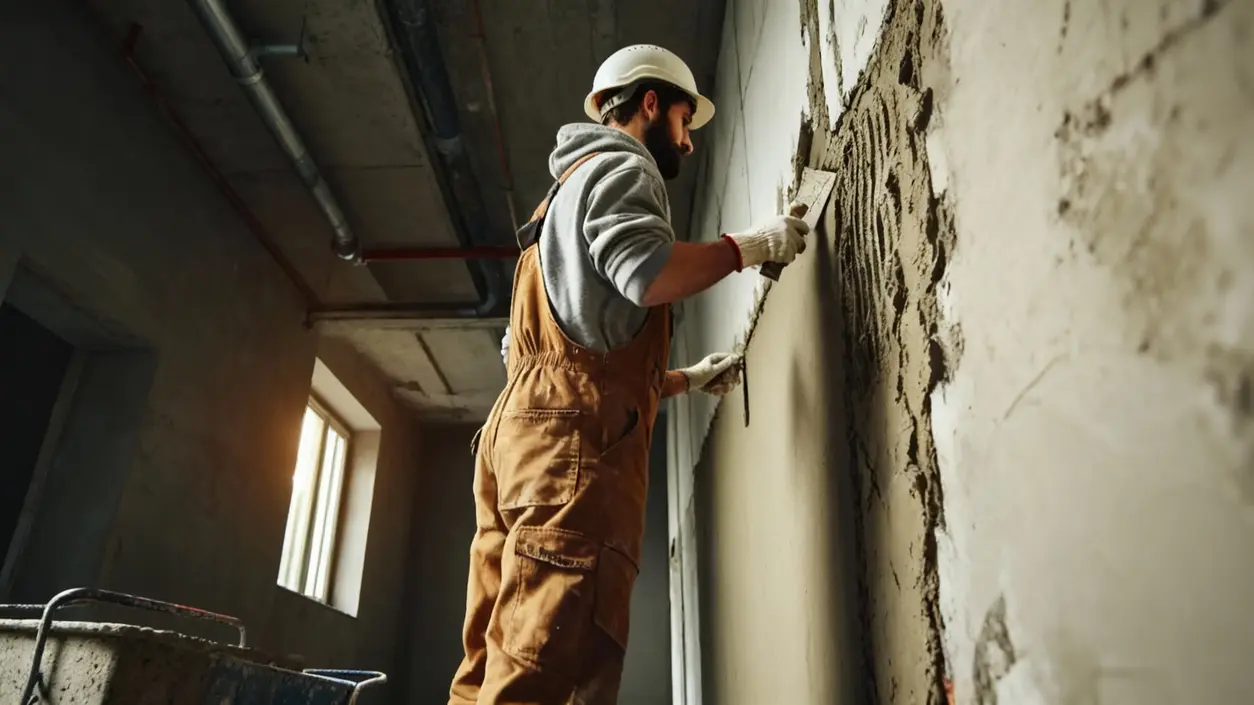Operaio applica intonaco su una parete interna in un edificio in ristrutturazione