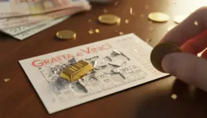 Biglietto gratta e vinci con lingotto d'oro scoperto e mano con moneta