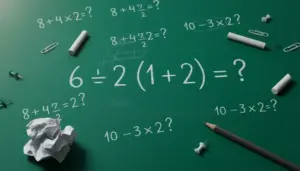 Operazioni matematiche scritte su una lavagna verde con gessetti e oggetti da scrivania