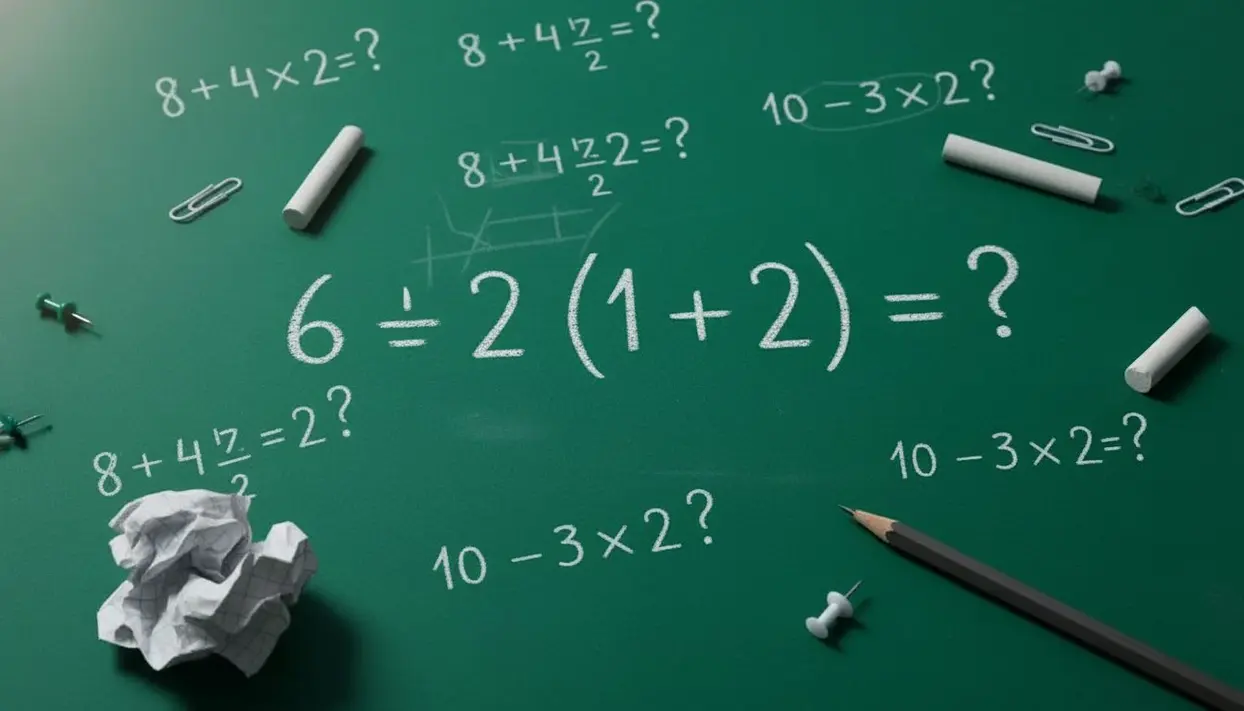 Operazioni matematiche scritte su una lavagna verde con gessetti e oggetti da scrivania