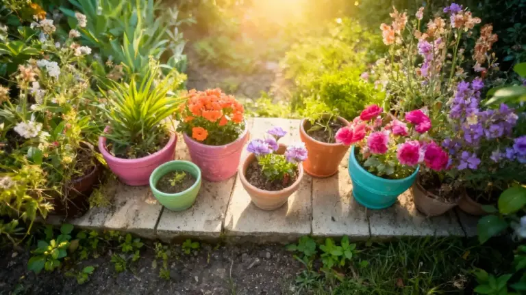 Vasi colorati con piante fiorite disposti su un sentiero in giardino al sole
