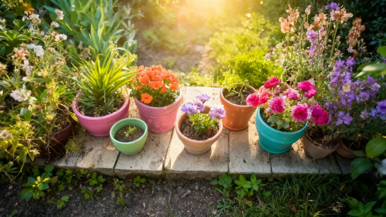Vasi colorati con piante fiorite disposti su un sentiero in giardino al sole