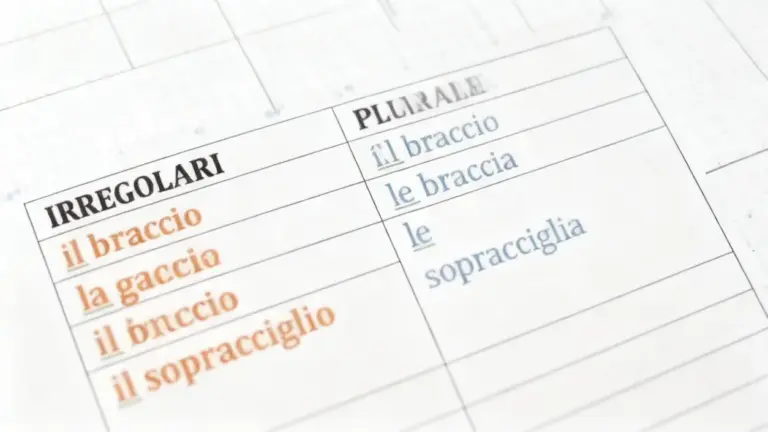 Tabella di esempi di plurali irregolari in italiano su carta millimetrata