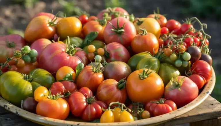 Varietà di pomodori maturi e acerbi disposti in un grande piatto all'aperto