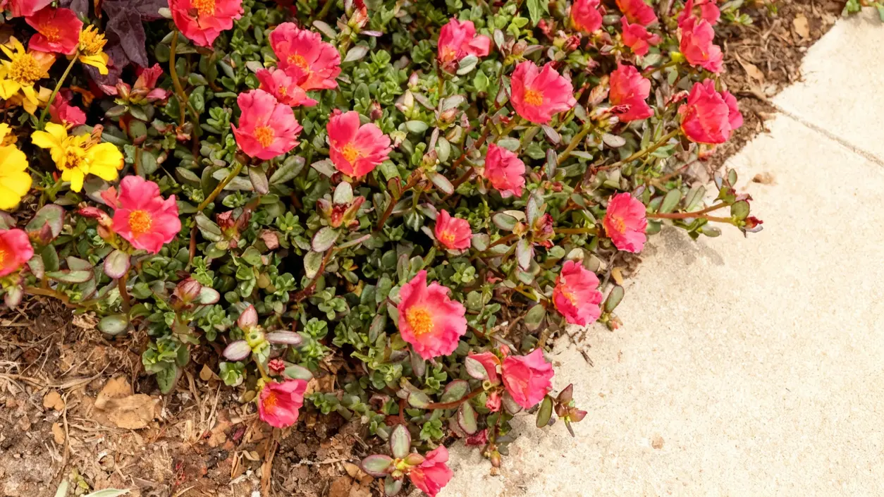 Piante di portulaca con fiori rosa e gialli in un’aiuola soleggiata
