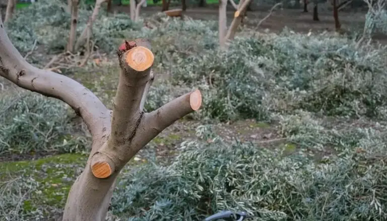 Ramo di ulivo appena potato in un oliveto con rami tagliati a terra