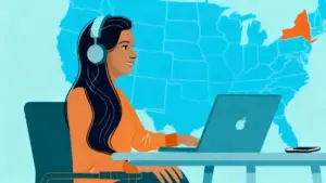 Persona con cuffie lavora al computer davanti a una mappa degli Stati Uniti