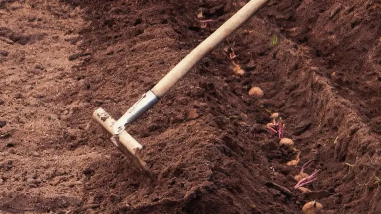 Attrezzo agricolo che lavora il terreno con patate appena piantate in solchi