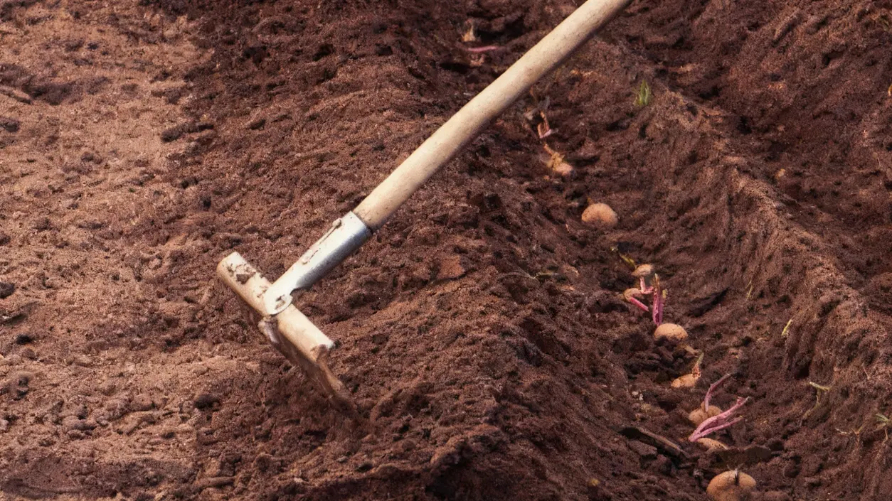Attrezzo agricolo che lavora il terreno con patate appena piantate in solchi