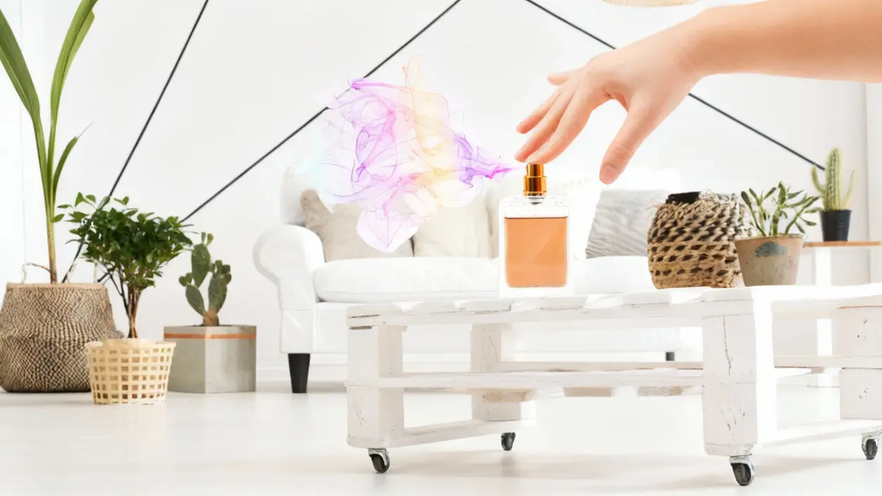 Mano che spruzza profumo in un salotto luminoso con piante e mobili bianchi
