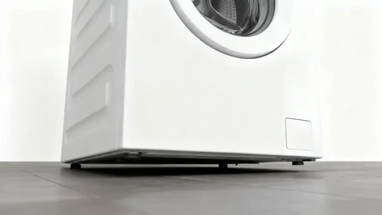 Vista laterale di una lavatrice bianca su pavimento scuro