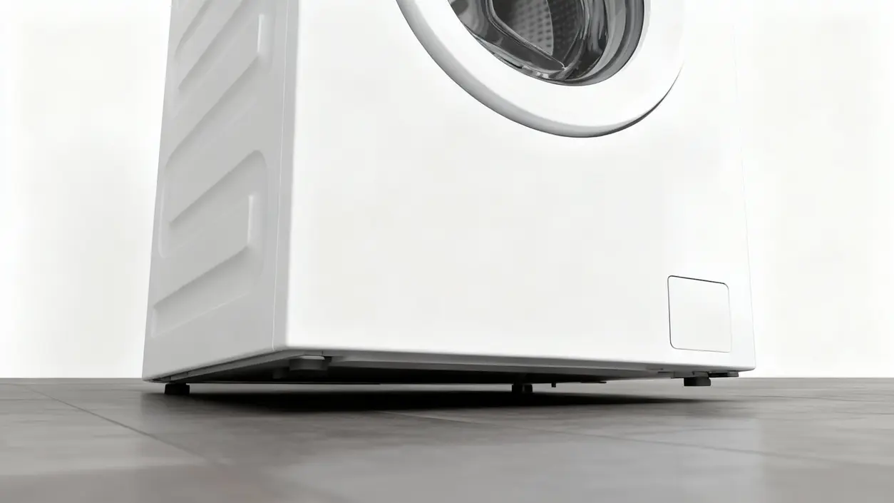 Vista laterale di una lavatrice bianca su pavimento scuro