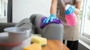 Persona che pulisce i braccioli di un divano con panno e spray
