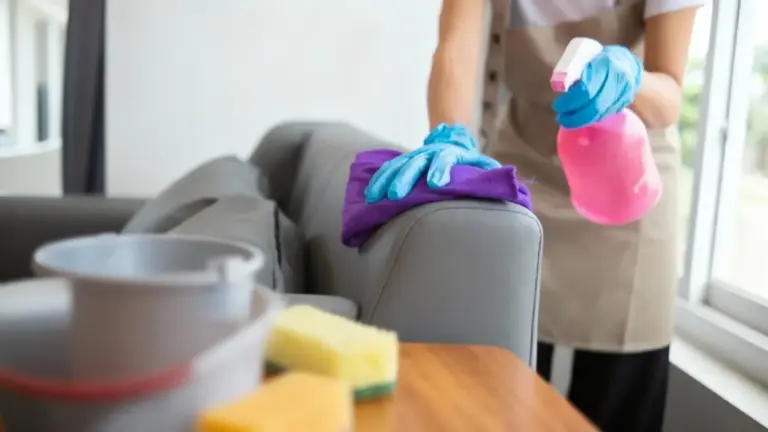 Persona che pulisce i braccioli di un divano con panno e spray