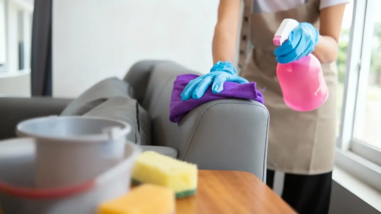 Persona che pulisce i braccioli di un divano con panno e spray