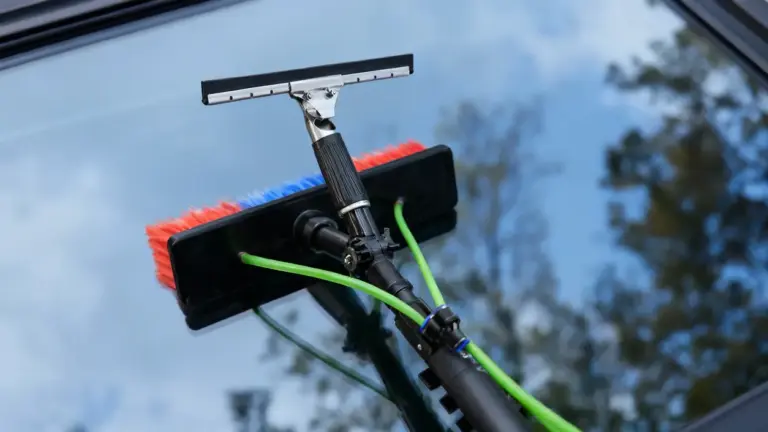 Scopa telescopica con setole colorate e tergivetro su vetro fisso esterno