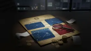 Documento di contratto di conto corrente con lente d'ingrandimento e monete su un tavolo