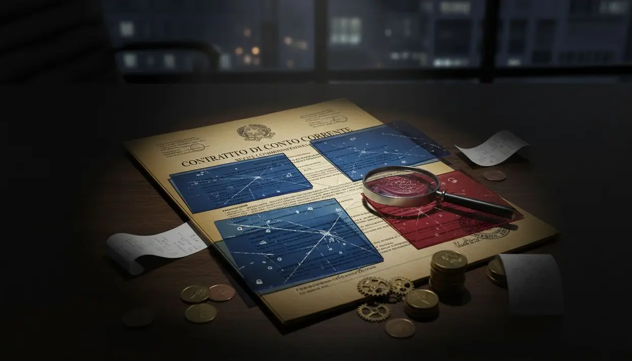Documento di contratto di conto corrente con lente d'ingrandimento e monete su un tavolo