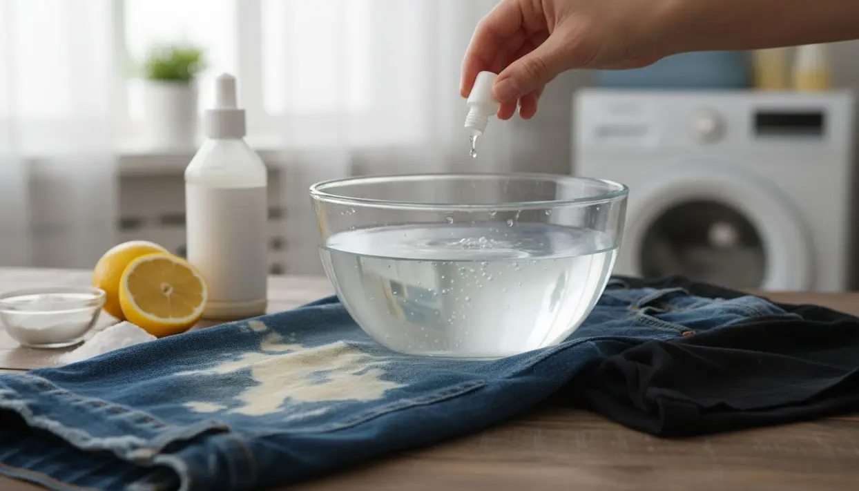 Ciotola con liquido trasparente su pantaloni macchiati accanto a limone e bicarbonato