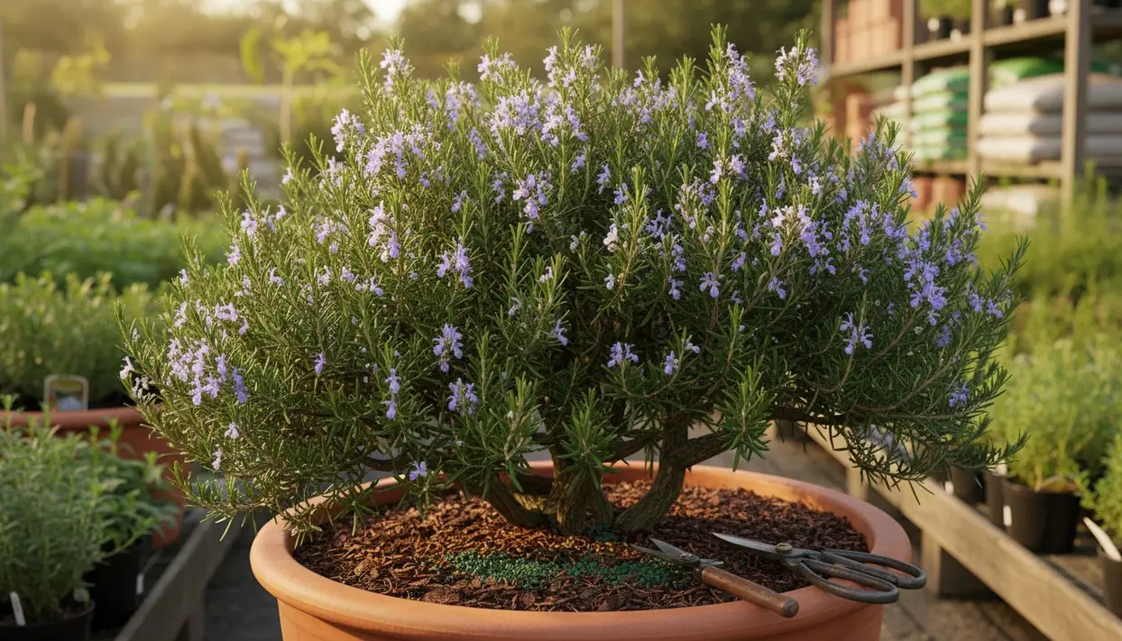 Pianta di rosmarino rigogliosa in vaso con fiori viola in un vivaio