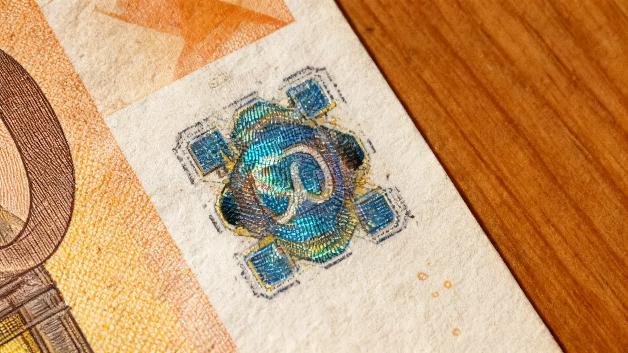 Dettaglio di una banconota da 100 euro con simbolo di sicurezza olografico visibile