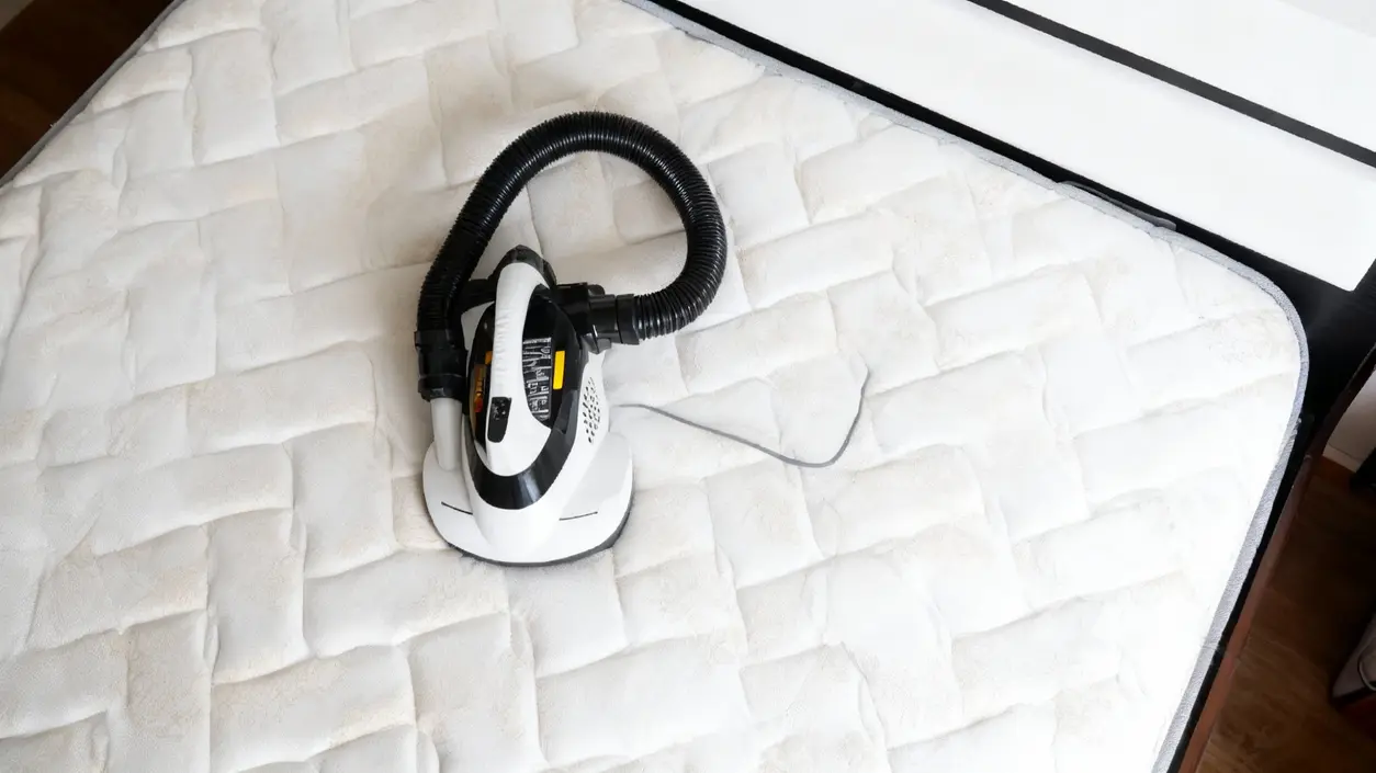 Aspirapolvere su un materasso chiaro per rimuovere polvere e acari