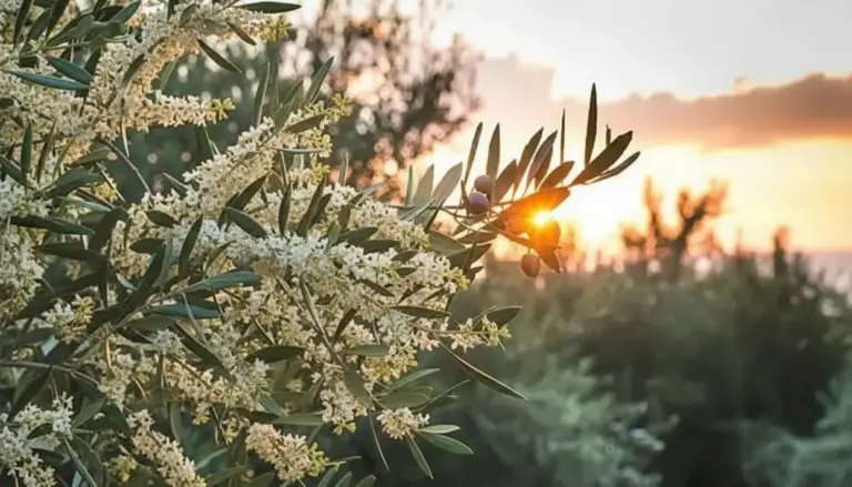 Ramo di ulivo in fiore al tramonto in un paesaggio naturale