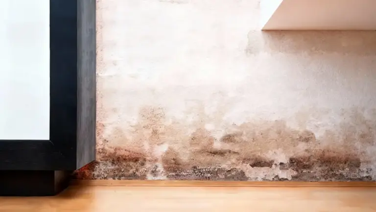 Parete interna con evidenti segni di umidità e muffa lungo la base