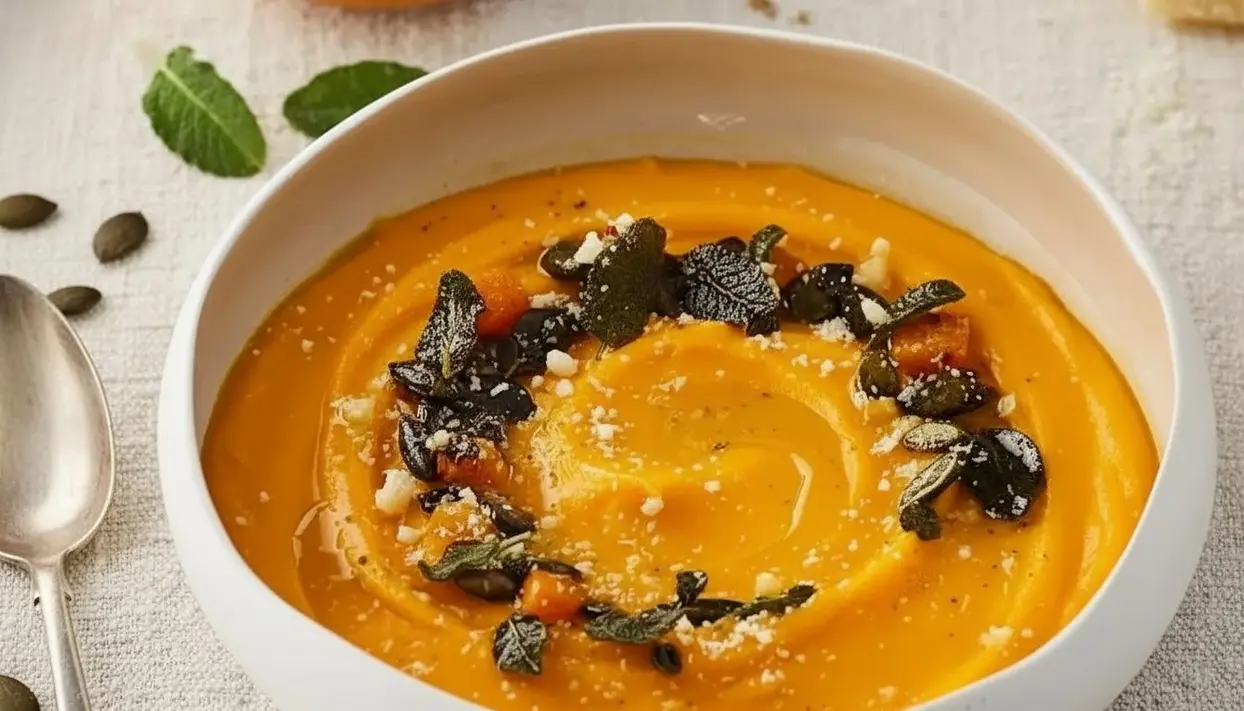 Vellutata di zucca con semi tostati e foglie croccanti in una ciotola bianca
