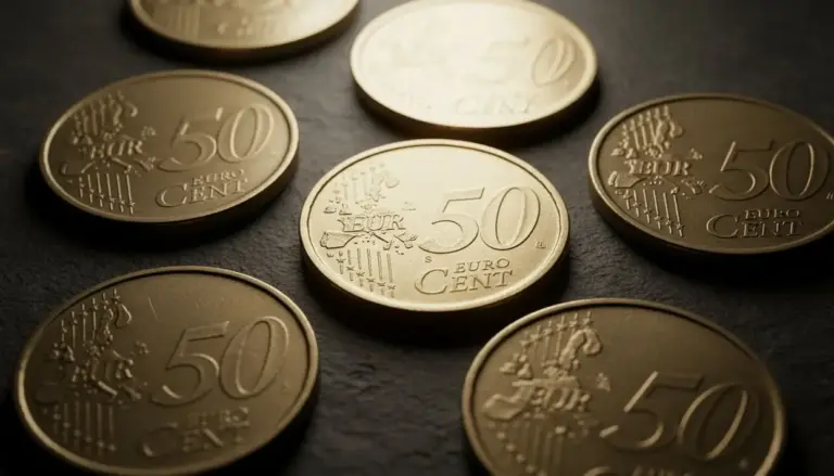 Monete da 50 centesimi di euro disposte su una superficie scura