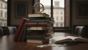 Una pila di libri con una crepa e una scultura in metallo con la scritta IVA su un tavolo di legno.