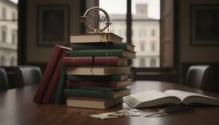 Una pila di libri con una crepa e una scultura in metallo con la scritta IVA su un tavolo di legno.